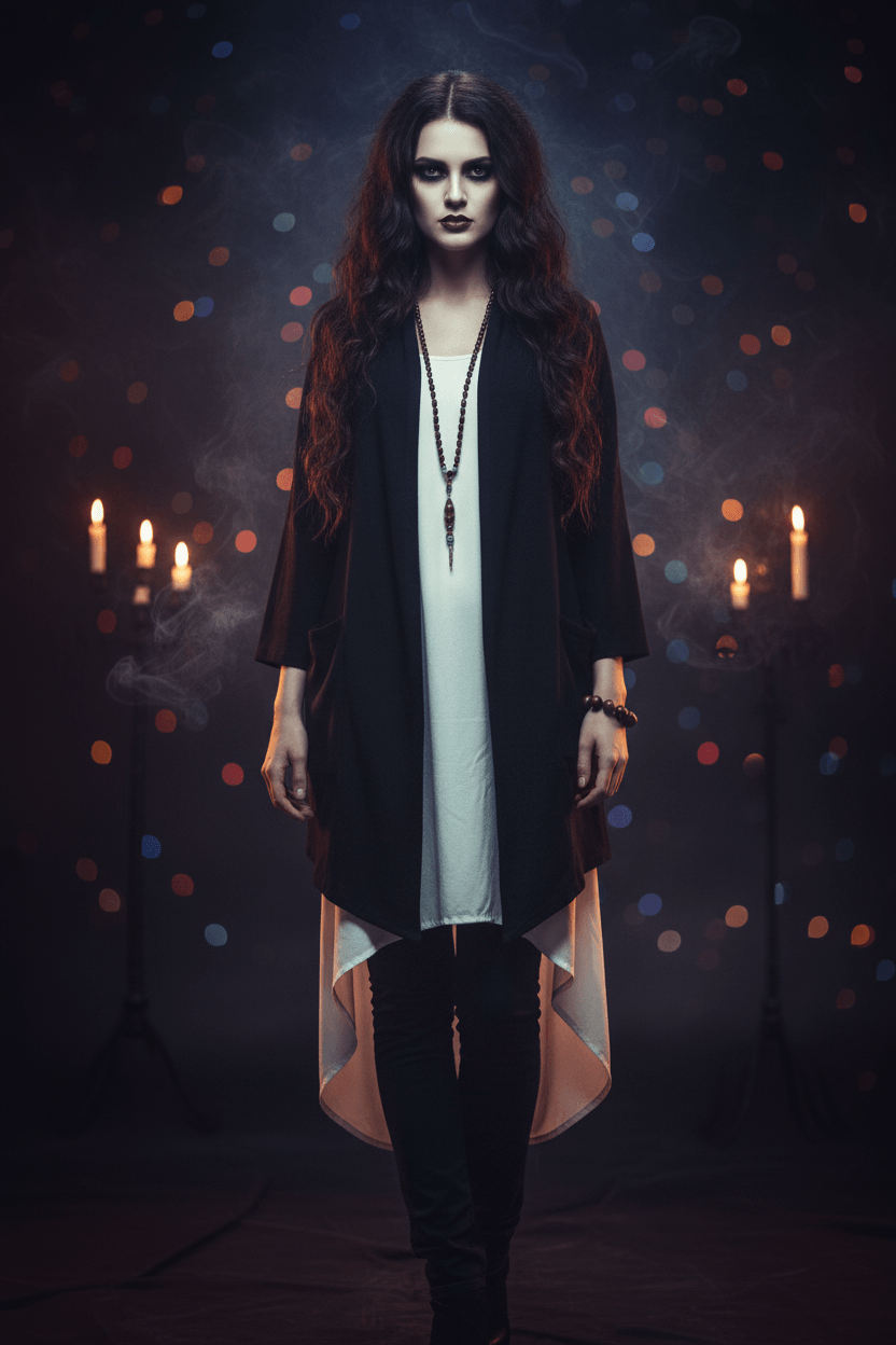 Person wearing a long black cardigan over a white shirt on a white background