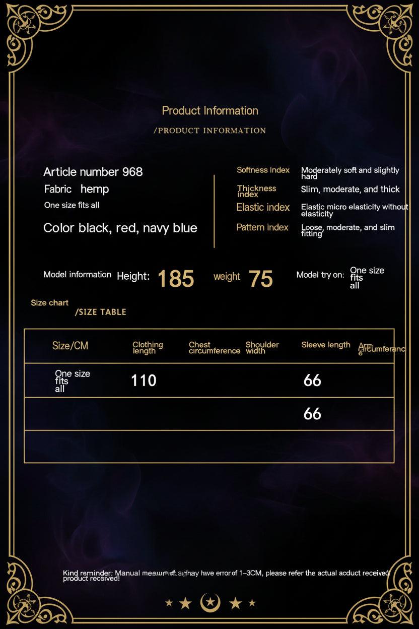 Product information sheet with text and a size chart for a garment.