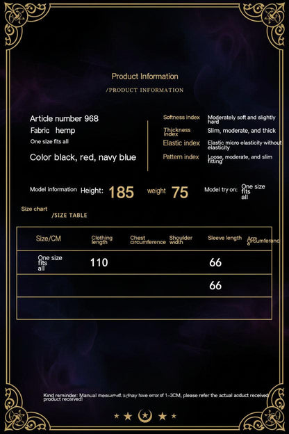 Product information sheet with text and a size chart for a garment.