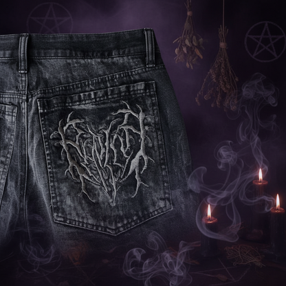 Embroidered design on a denim jacket pocket