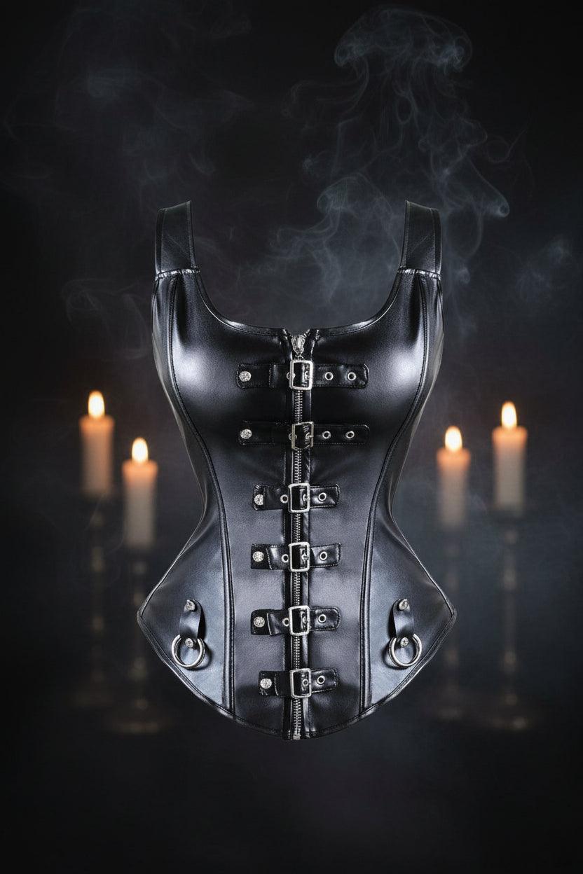Black leather vest with zipper and buckles on a white background