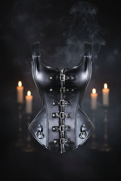 Black leather vest with zipper and buckles on a white background