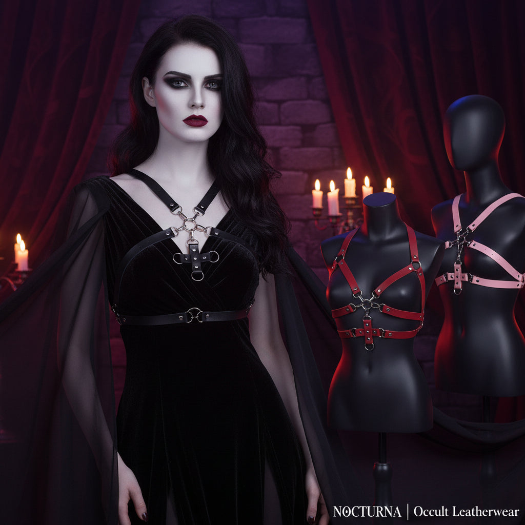 Black leather harness with metal clasp on a mannequin bust, with additional designs in red and pink shown below.
