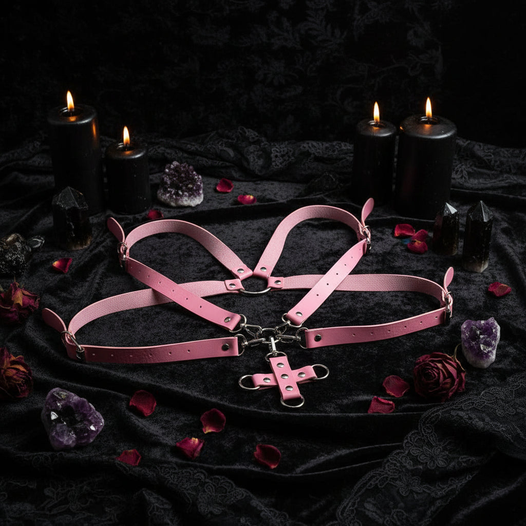 Pink leather harness with a central cross design on a white background