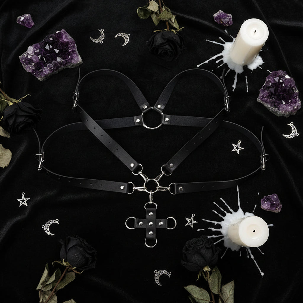 Black leather harness with metal accents on a white background