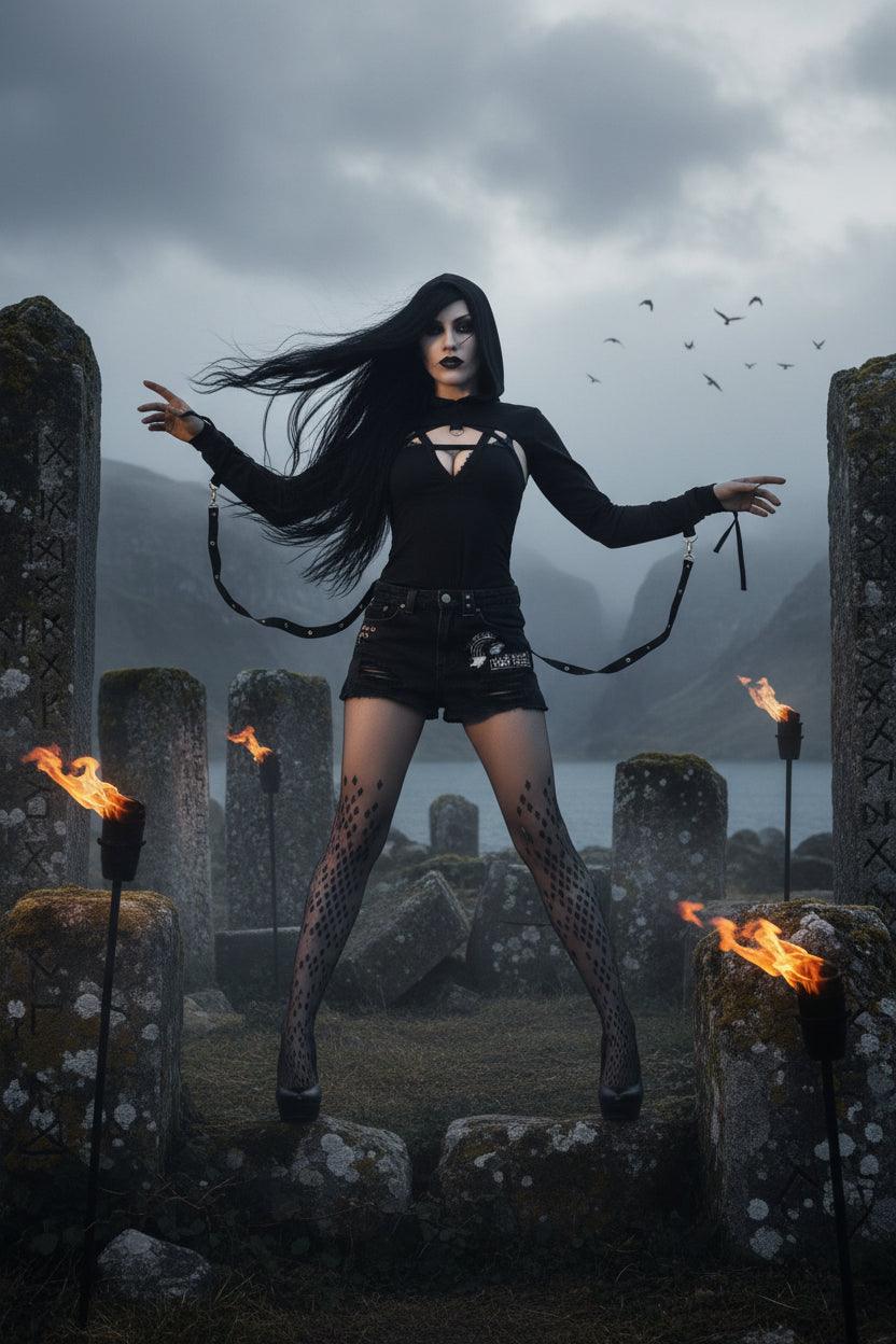 Person in a black outfit with long hair and dark makeup standing in a forest.