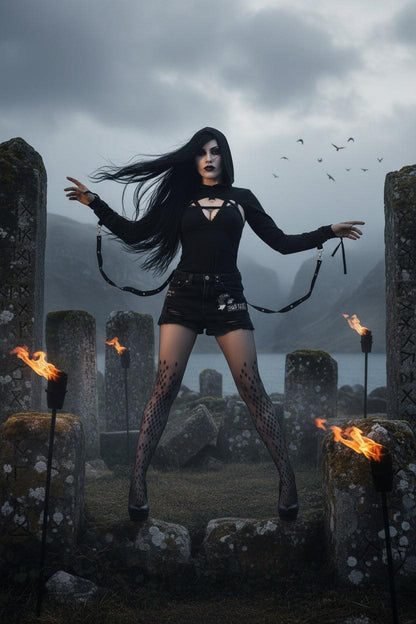 Person in a black outfit with long hair and dark makeup standing in a forest.