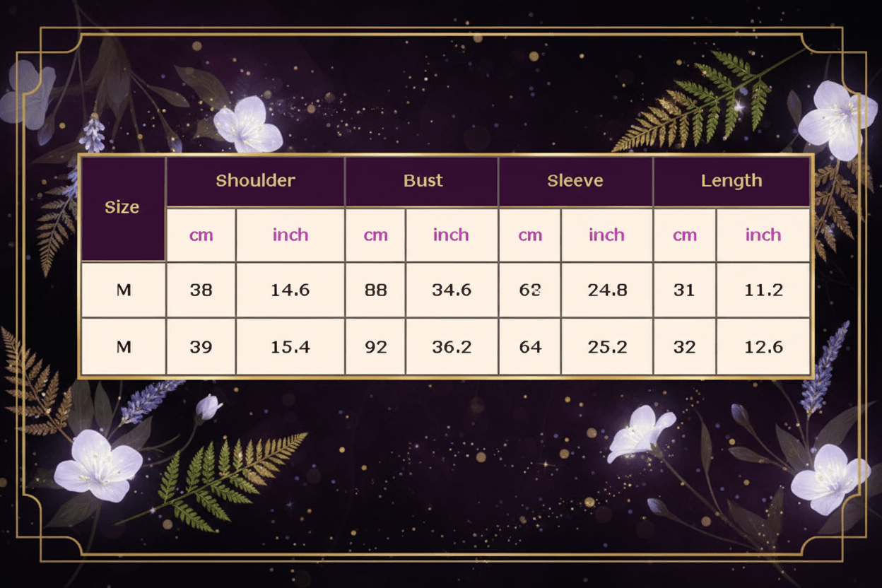 Table displaying clothing measurements for shoulder, bust, sleeve, and length in centimeters and inches.