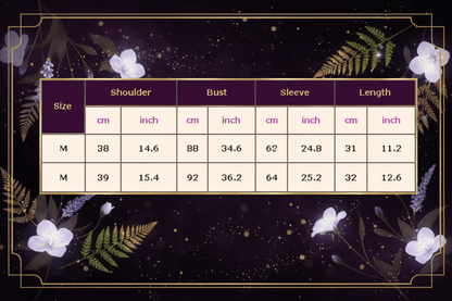 Table displaying clothing measurements for shoulder, bust, sleeve, and length in centimeters and inches.
