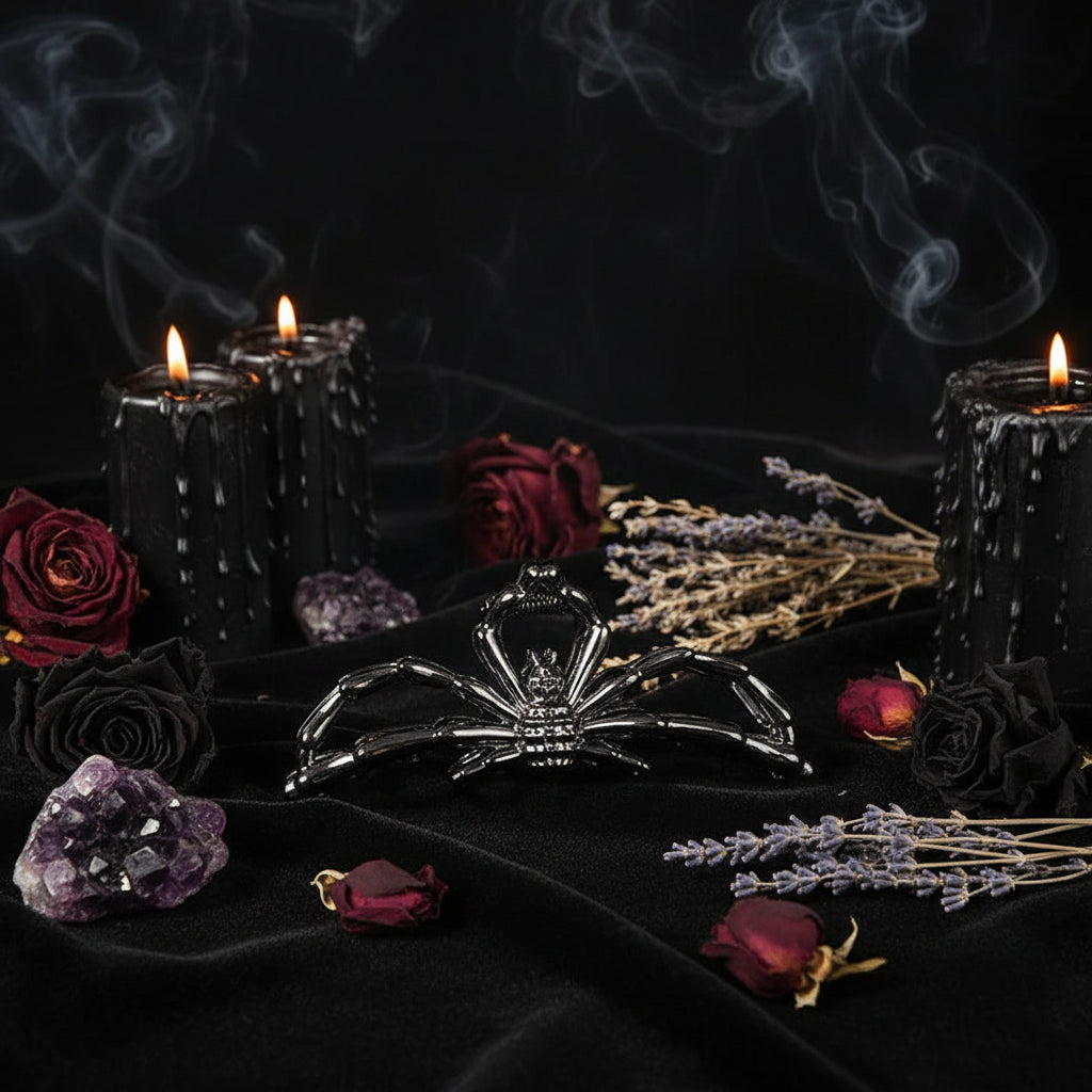 Gothic Punk Metal Hair Clips with Skull and Spider Design Sorceress Sanctuary