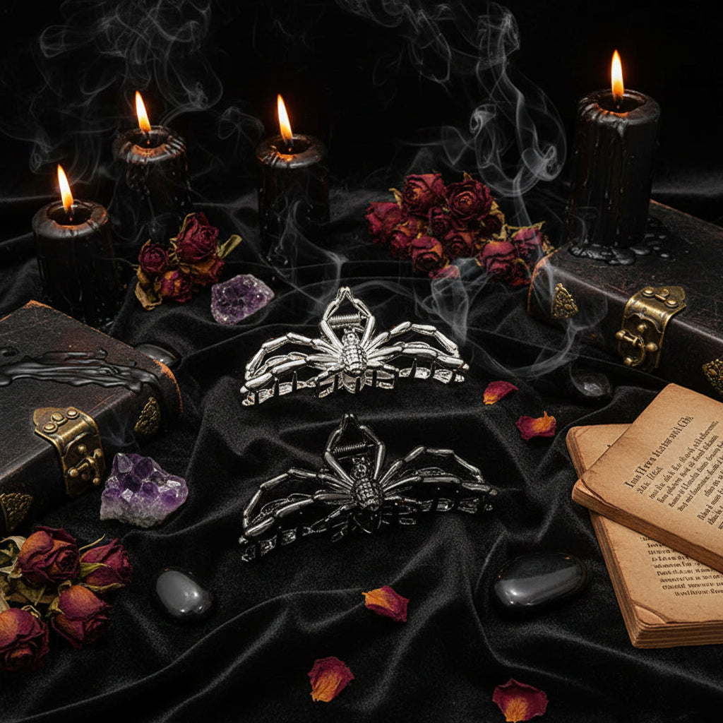 Gothic Punk Metal Hair Clips with Skull and Spider Design Sorceress Sanctuary