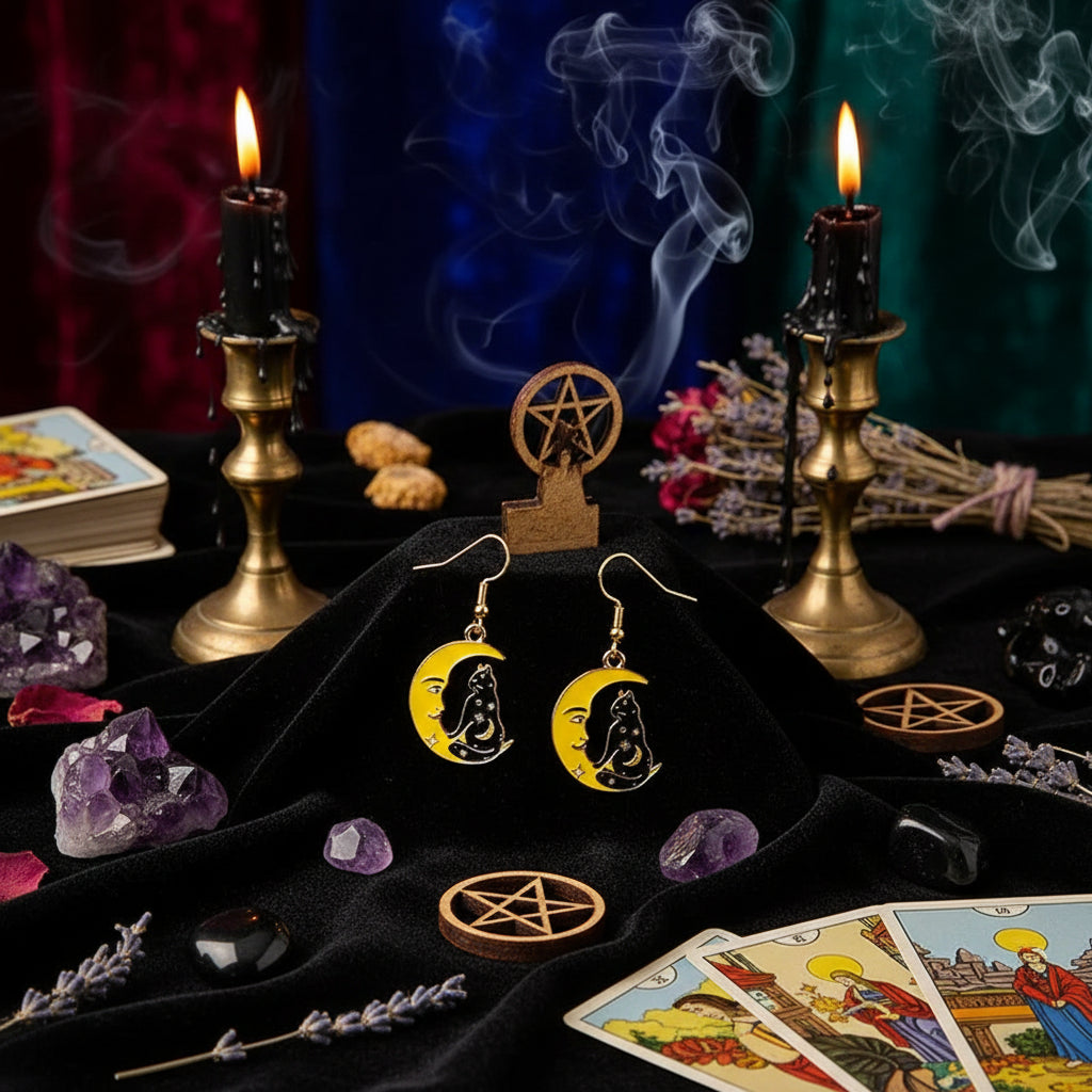 Halloween Skull Earrings with Cat and Moon Design Sorceress Sanctuary
