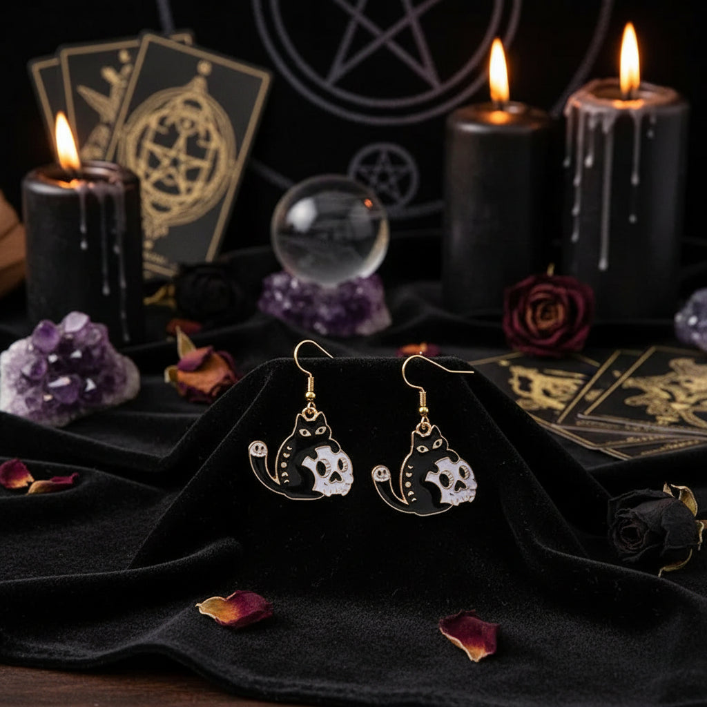 Halloween Skull Earrings with Cat and Moon Design Sorceress Sanctuary