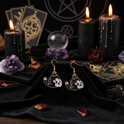 Halloween Skull Earrings with Cat and Moon Design Sorceress Sanctuary