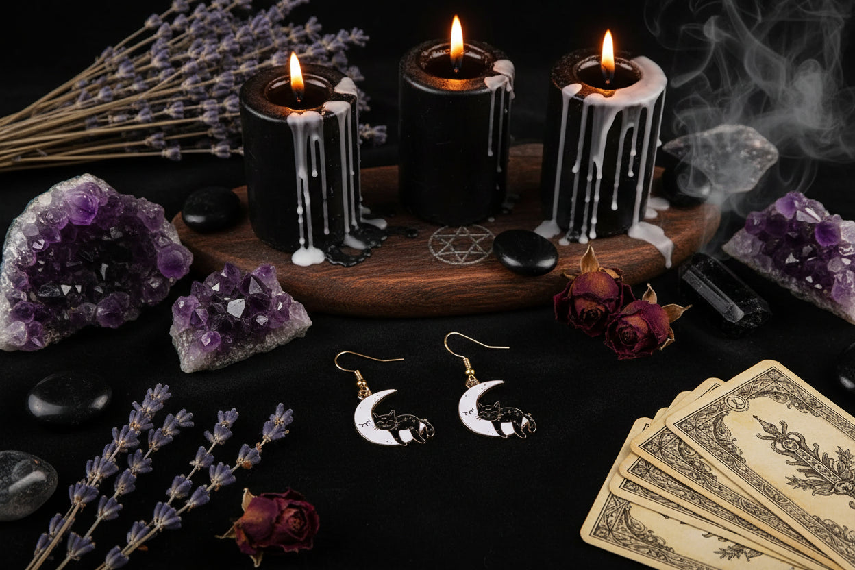 Halloween Skull Earrings with Cat and Moon Design Sorceress Sanctuary