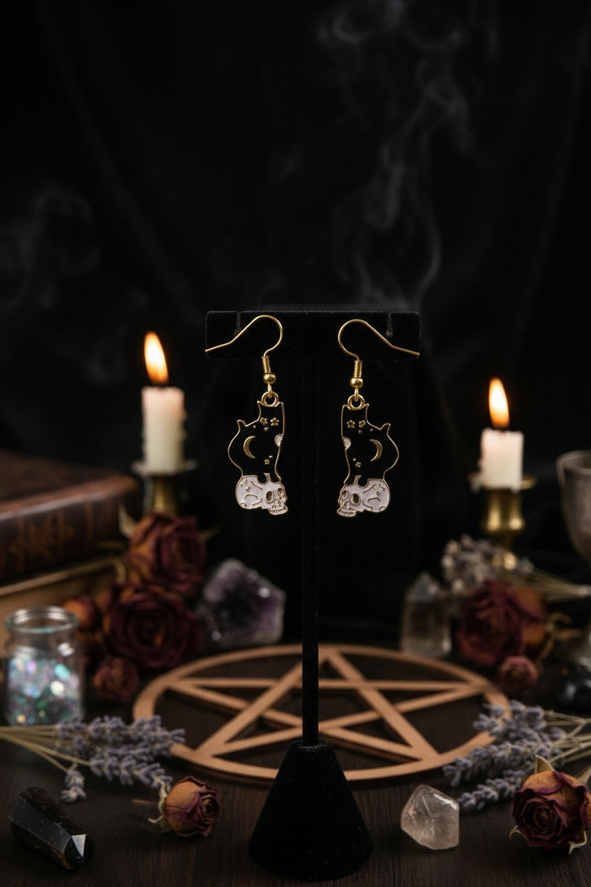 Halloween Skull Earrings with Cat and Moon Design Sorceress Sanctuary