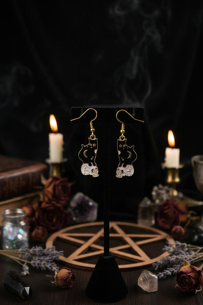 Halloween Skull Earrings with Cat and Moon Design Sorceress Sanctuary