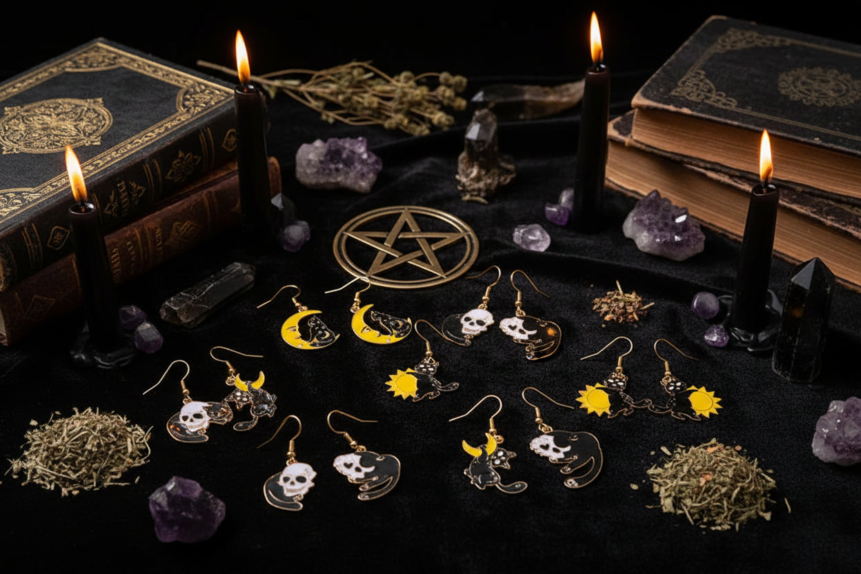 Halloween Skull Earrings with Cat and Moon Design Sorceress Sanctuary