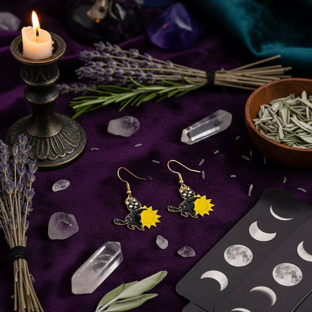 Halloween Skull Earrings with Cat and Moon Design Sorceress Sanctuary