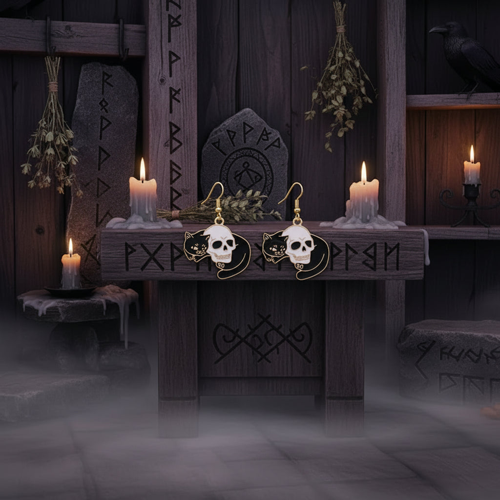 Halloween Skull Earrings with Cat and Moon Design Sorceress Sanctuary