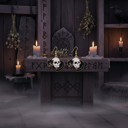 Halloween Skull Earrings with Cat and Moon Design Sorceress Sanctuary