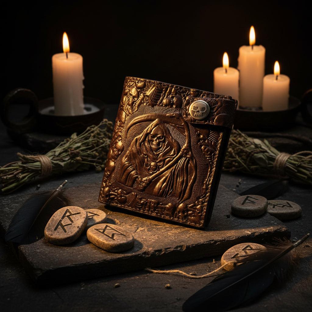 Brown wallet with embossed design of a Grim Reaper held by a hand on a white background