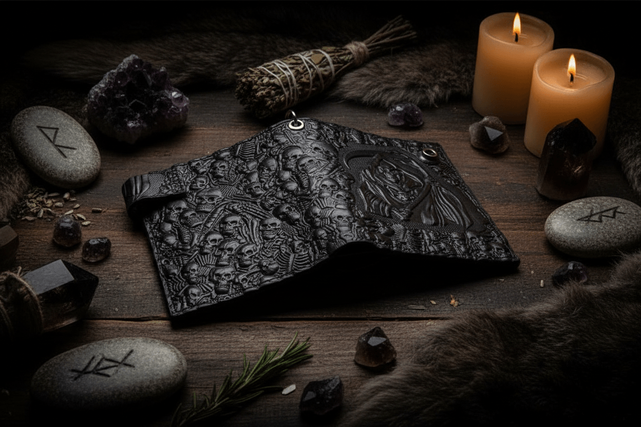 Black leather wallet with embossed design of a Grim Reaper and skulls on a white background