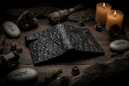 Black leather wallet with embossed design of a Grim Reaper and skulls on a white background