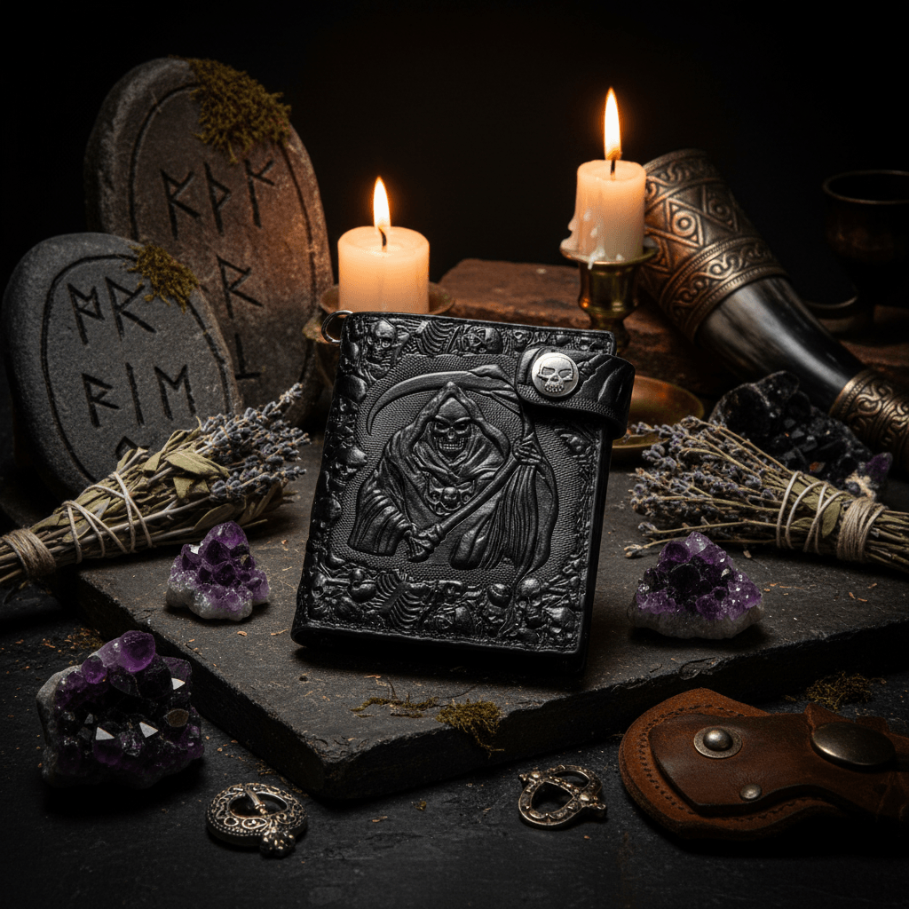 Black leather wallet with embossed design of a Grim Reaper and skulls on a white background