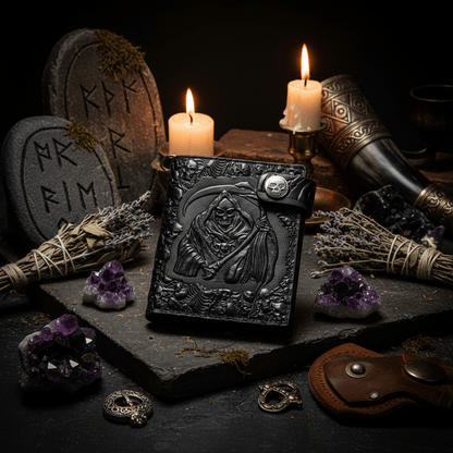 Black leather wallet with embossed design of a Grim Reaper and skulls on a white background