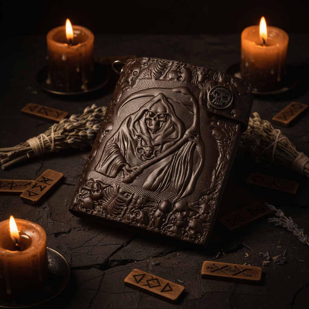 Brown leather wallet with embossed design of a Grim Reaper and skulls on a white background