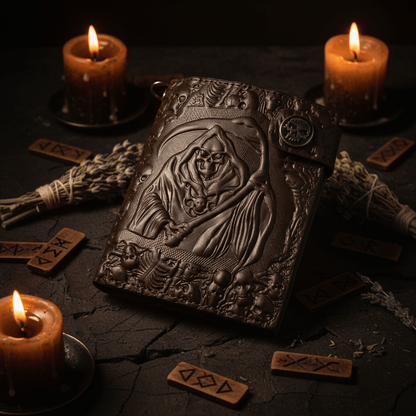 Brown leather wallet with embossed design of a Grim Reaper and skulls on a white background