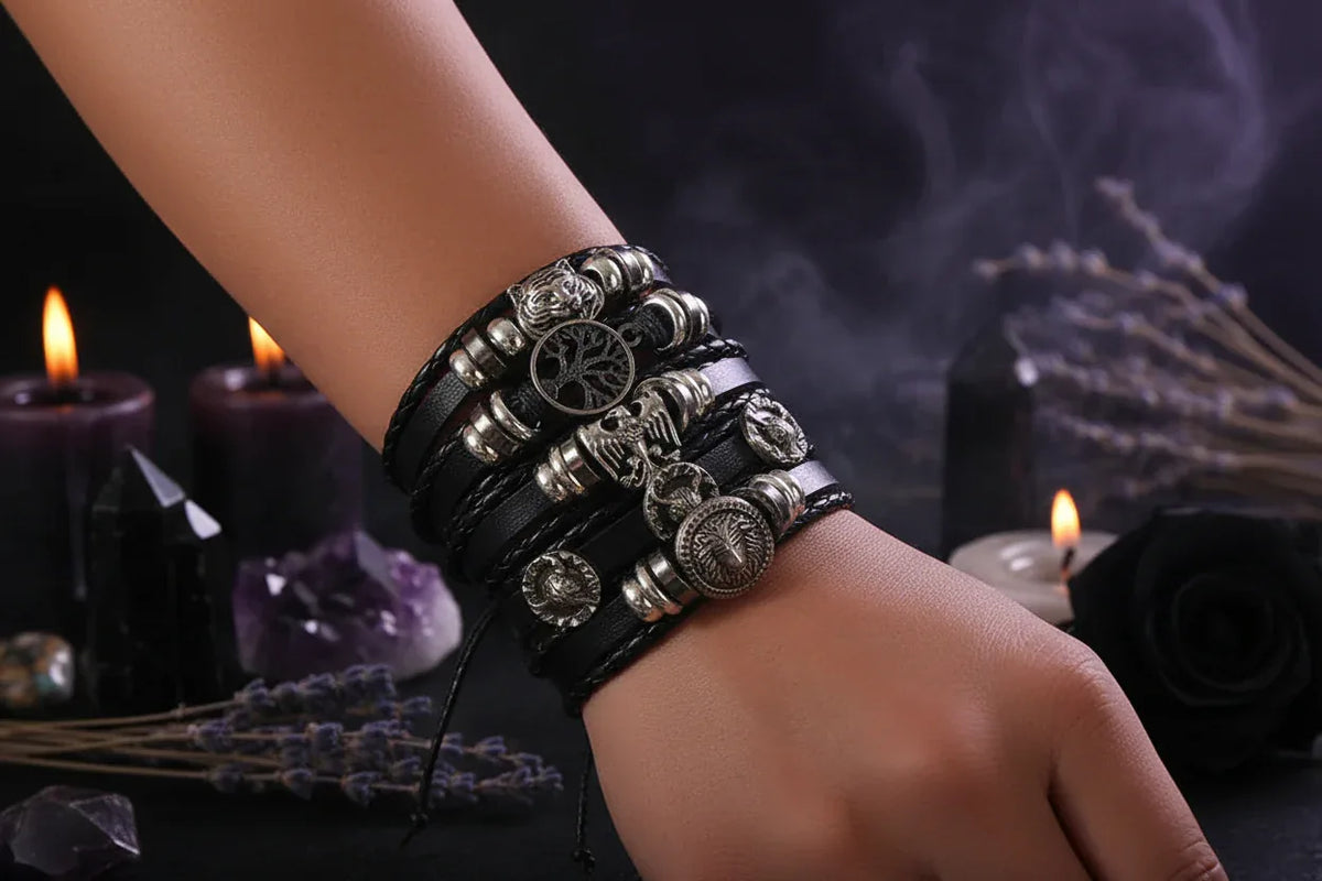 Skull Multi Bracelet - Sorceress Sanctuary Dark green-Vermeil-Light Yellow Gold Color-cobalt violet-REDDISH BROWN