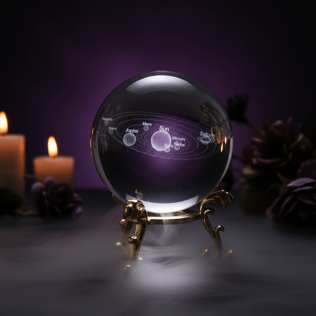 Clear crystal ball with solar system model on a decorative stand against a black background