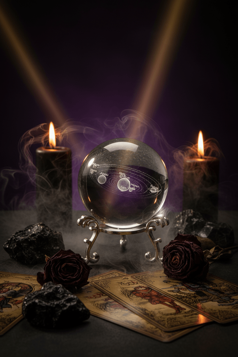 Crystal ball with solar system diagram on a stand against a black background