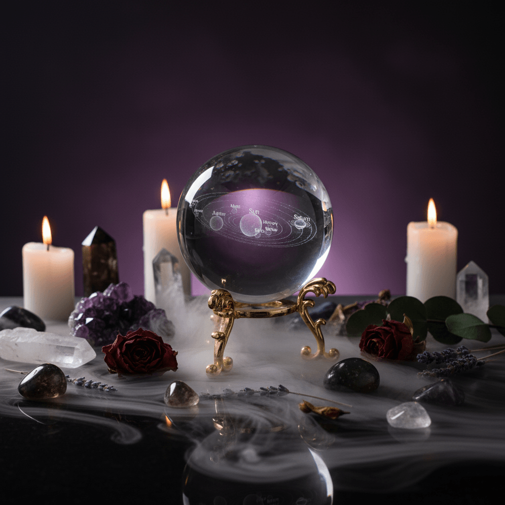 Clear crystal ball with solar system model on a decorative stand against a black background