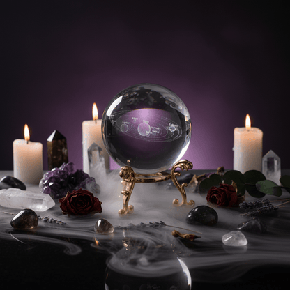 Clear crystal ball with solar system model on a decorative stand against a black background