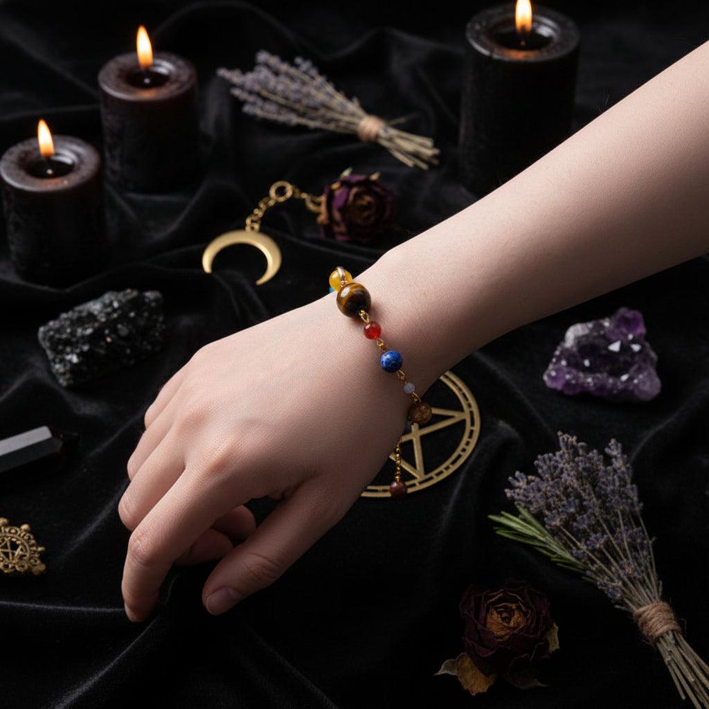 Colorful beaded bracelet on a wrist against a white background