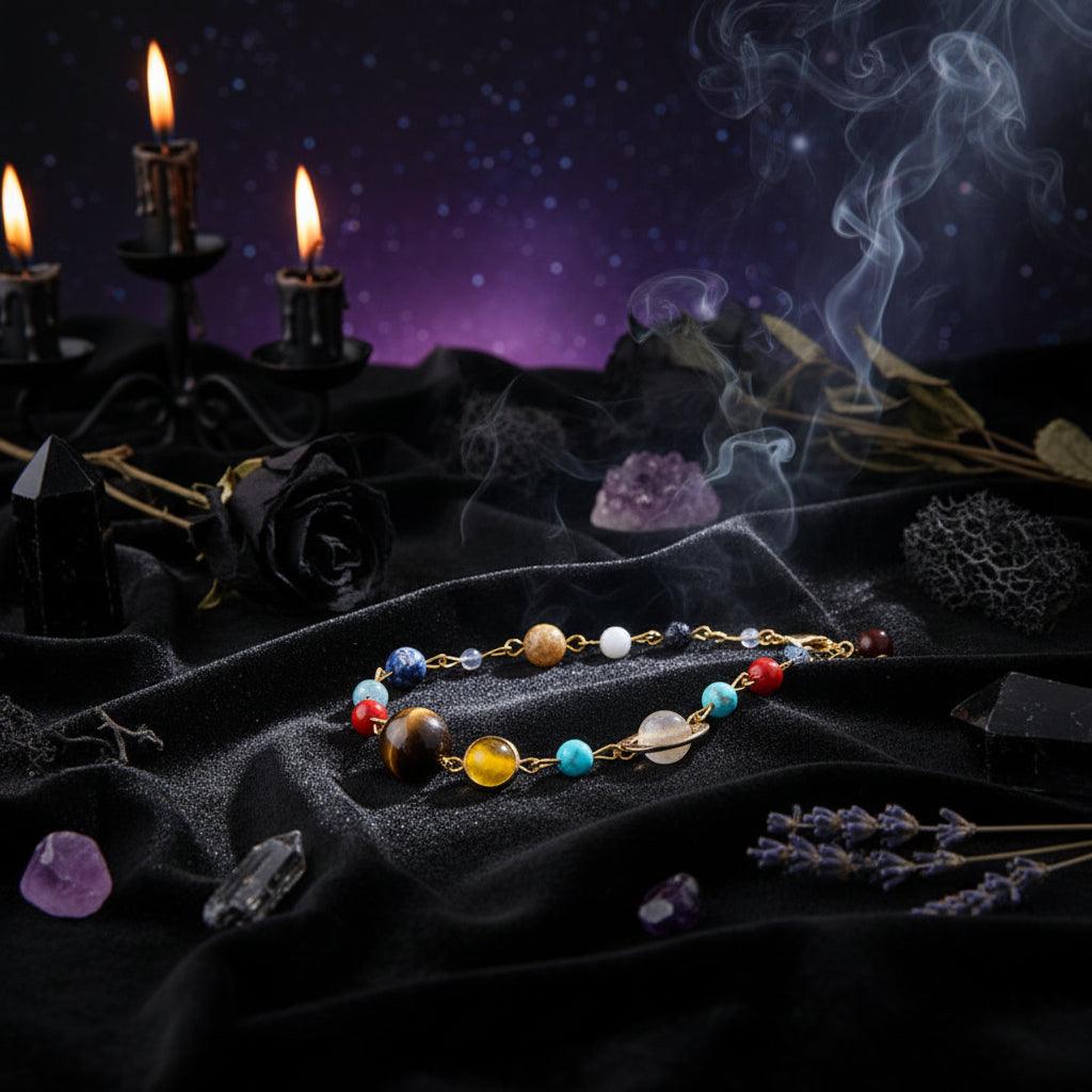 Necklace with colorful beads on a blurred natural background