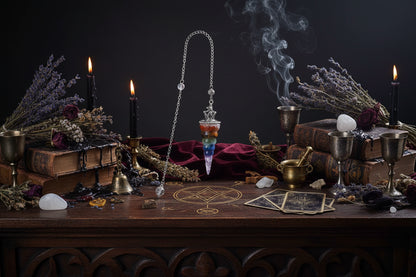 Spiral Divination Pendulum - Sorceress Sanctuary 7 Chakra-Tiger-eye-Rose-Quartz-Red-Agate-Lapis