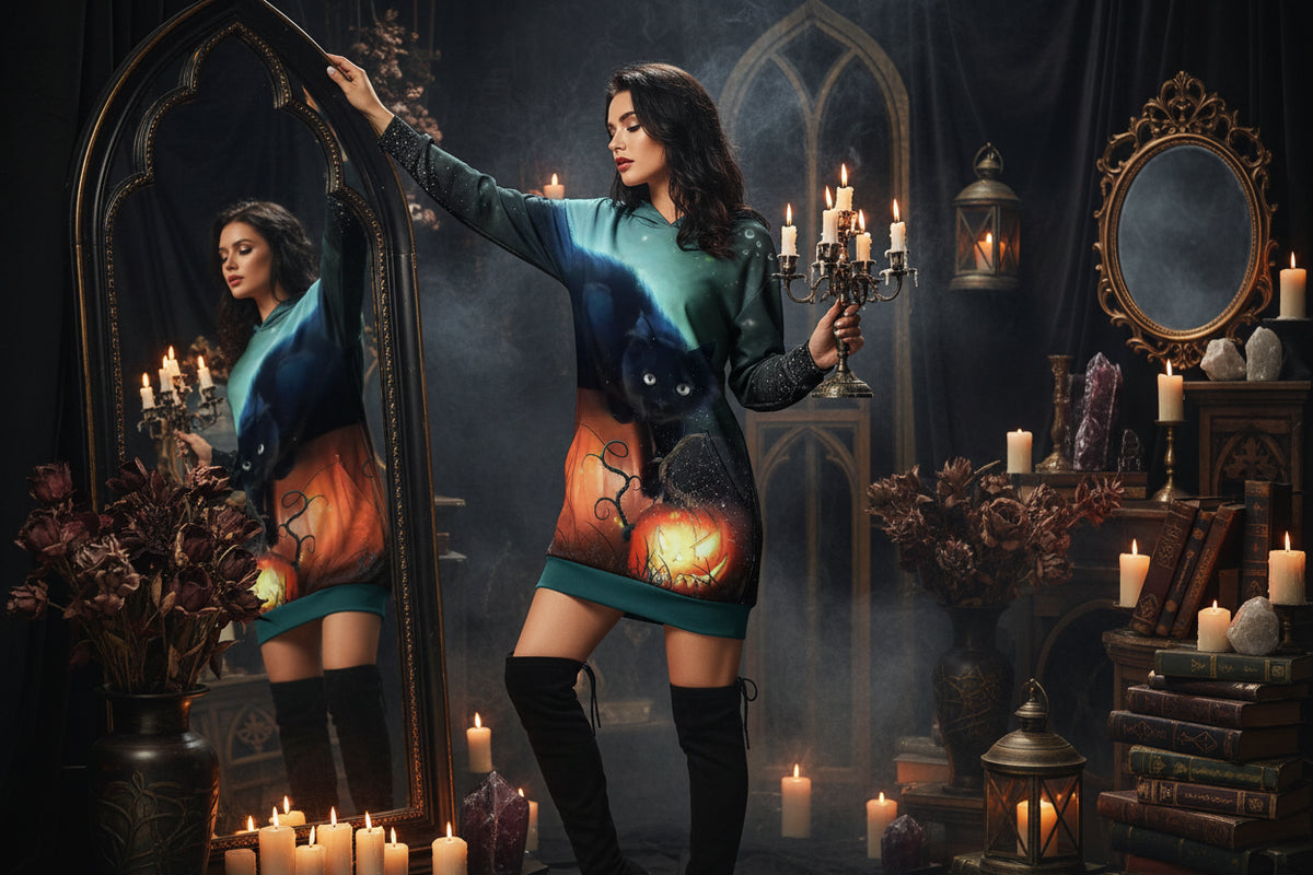 Spooky Dress - Sorceress Sanctuary Green Cat On Pumpkin / XS-Green Cat On Pumpkin / S-Green Cat On Pumpkin / M-Green Cat On Pumpkin / L-Green Cat On Pumpkin / XL