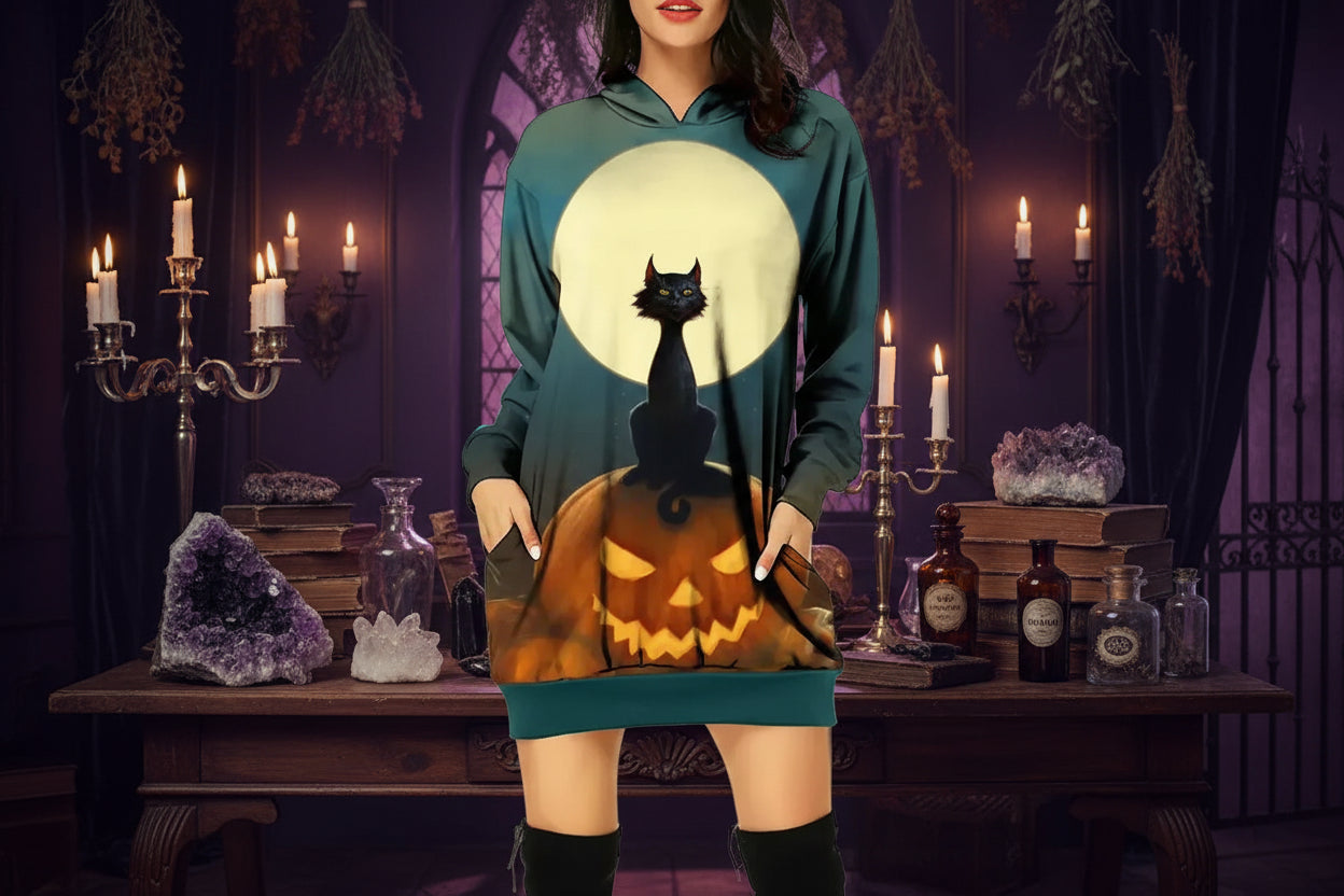 Spooky Dress - Sorceress Sanctuary Green Cat On Pumpkin / XS-Green Cat On Pumpkin / S-Green Cat On Pumpkin / M-Green Cat On Pumpkin / L-Green Cat On Pumpkin / XL
