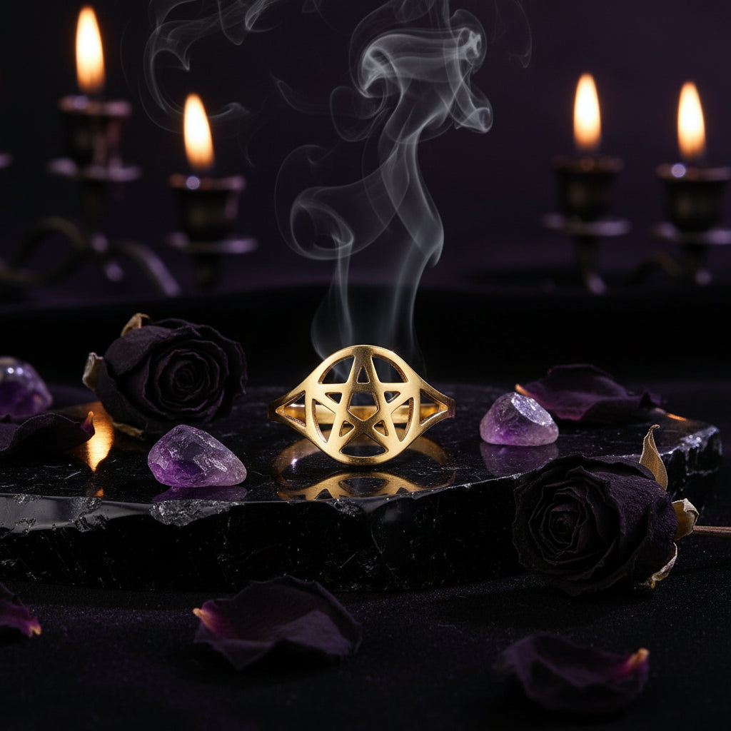 Gold ring with geometric design on a light background
