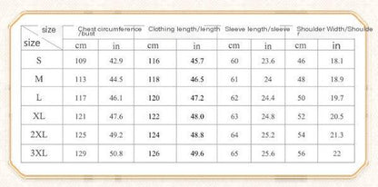 Size chart for clothing measurements including chest circumference, clothing length, sleeve length, and shoulder width.