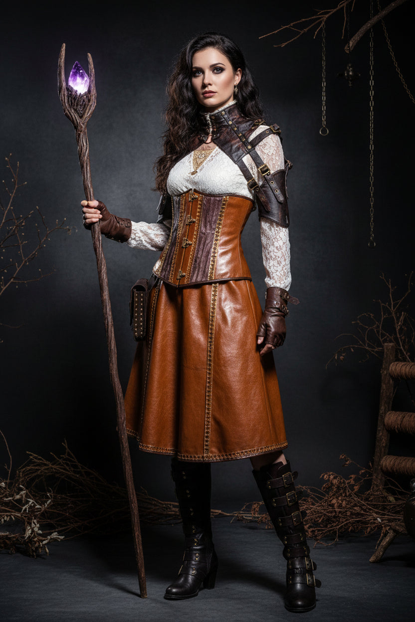 Person wearing a detailed costume with leather and lace elements.