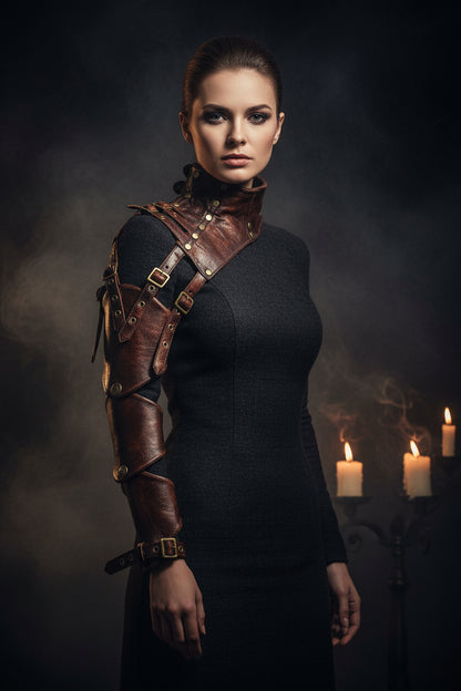 Brown leather arm guard with gold accents on a mannequin against a white background