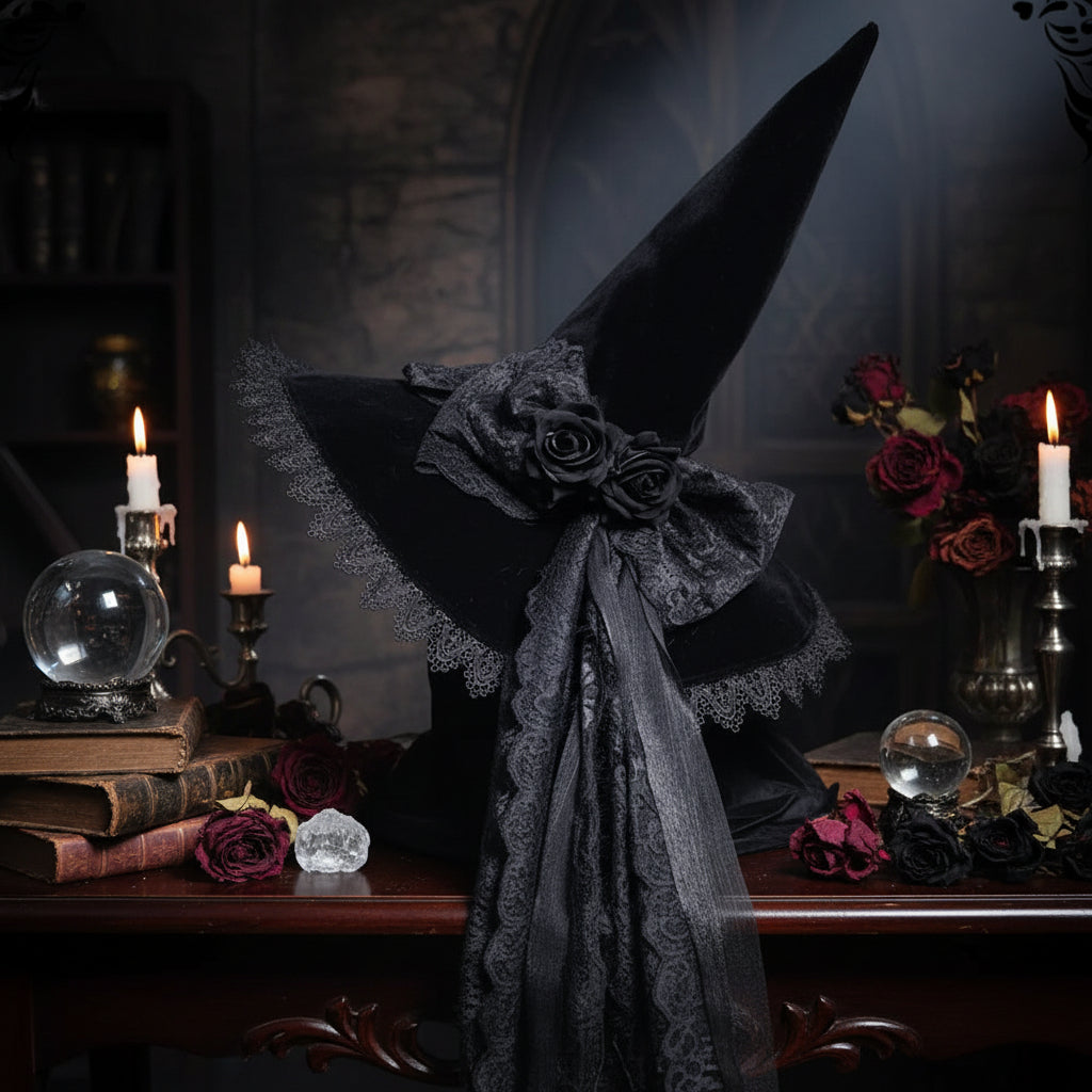 Thick Velvet Lace Long Streamer Wizard's Hat for Halloween Sorceress Sanctuary