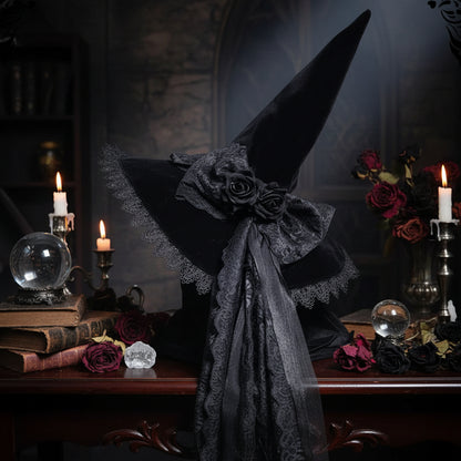 Thick Velvet Lace Long Streamer Wizard's Hat for Halloween Sorceress Sanctuary