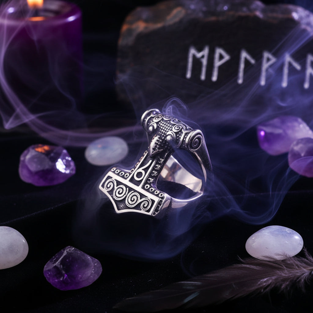 Silver Thor's hammer pendant on a dark background