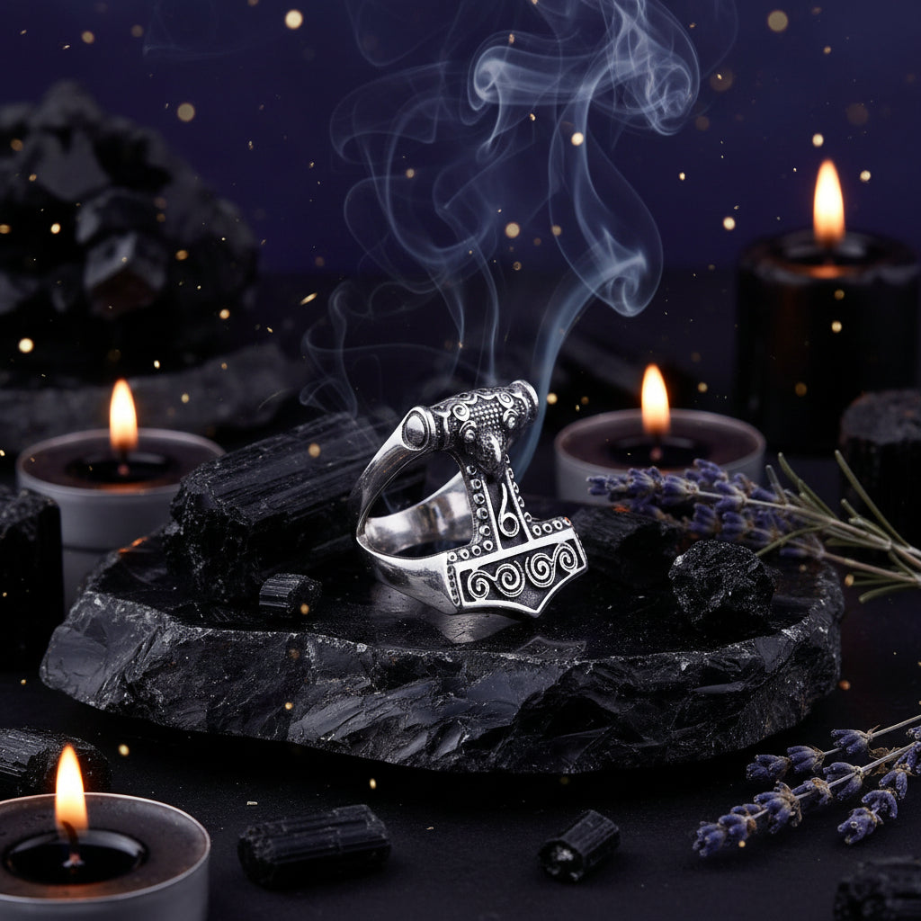 Silver ring with intricate design on a wooden surface with blue flowers in the background